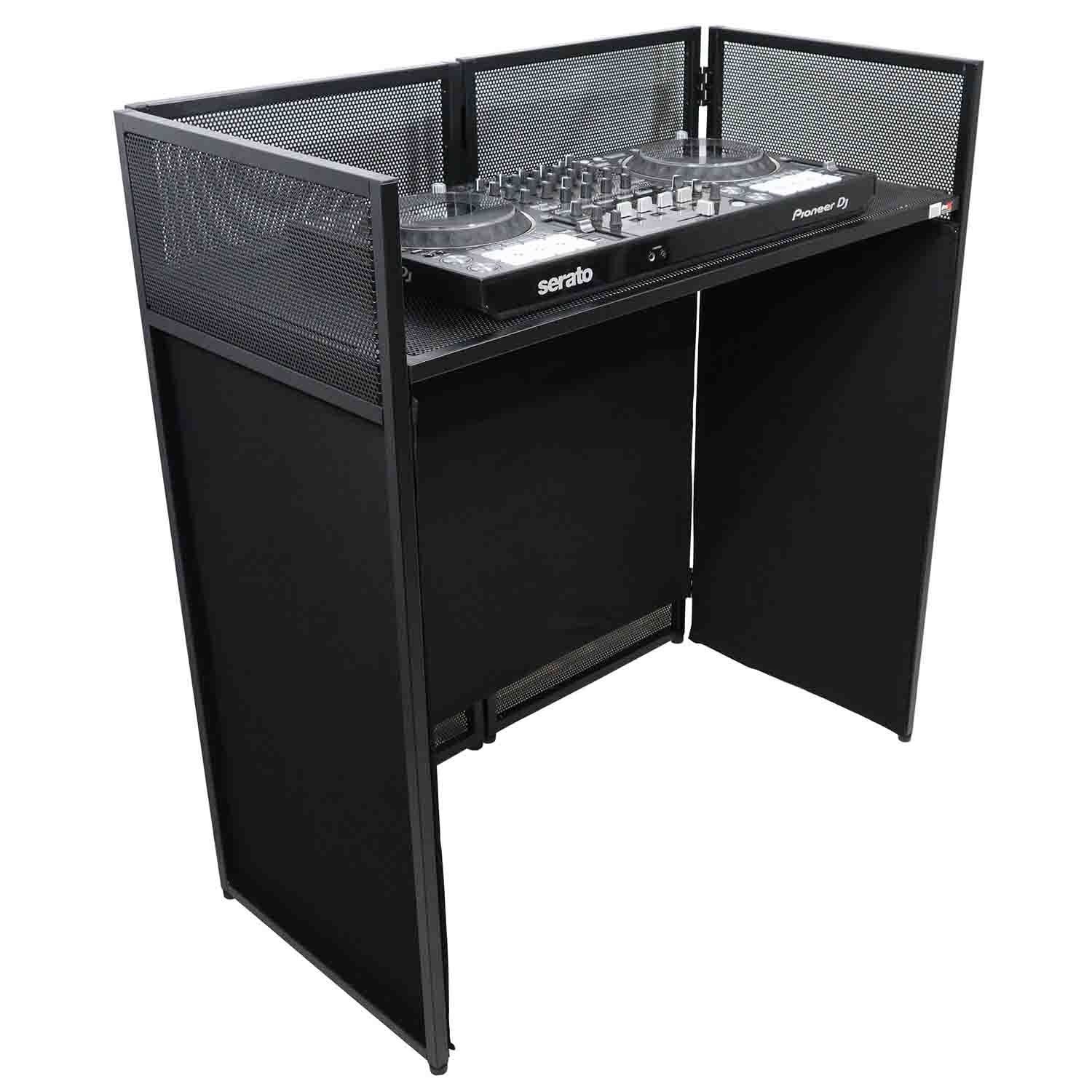 ProX XF-VISTA BL VISTA DJ Booth Facade Table Station with White/Black Scrim kit and Padded Travel Bag - Hollywood DJ