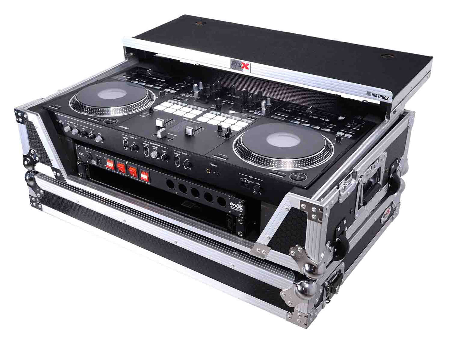 PROX XS-REV71K2U WLT LED ATA Style Flight Case for Pioneer DDJ-REV7 DJ Controller with 2U Rack Space Laptop Shelf Wheels LED - Hollywood DJ