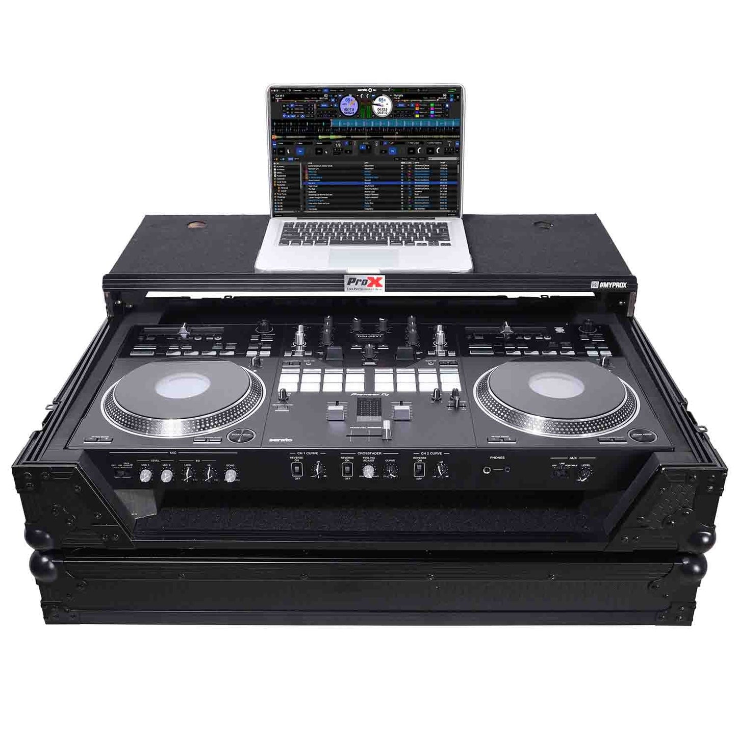 ProX XS-DDJREV7WLTBL DJ Flight Case for Pioneer DDJ-REV7 Digital Controller with Sliding Laptop Shelf and Wheels - Black Finish - Hollywood DJ
