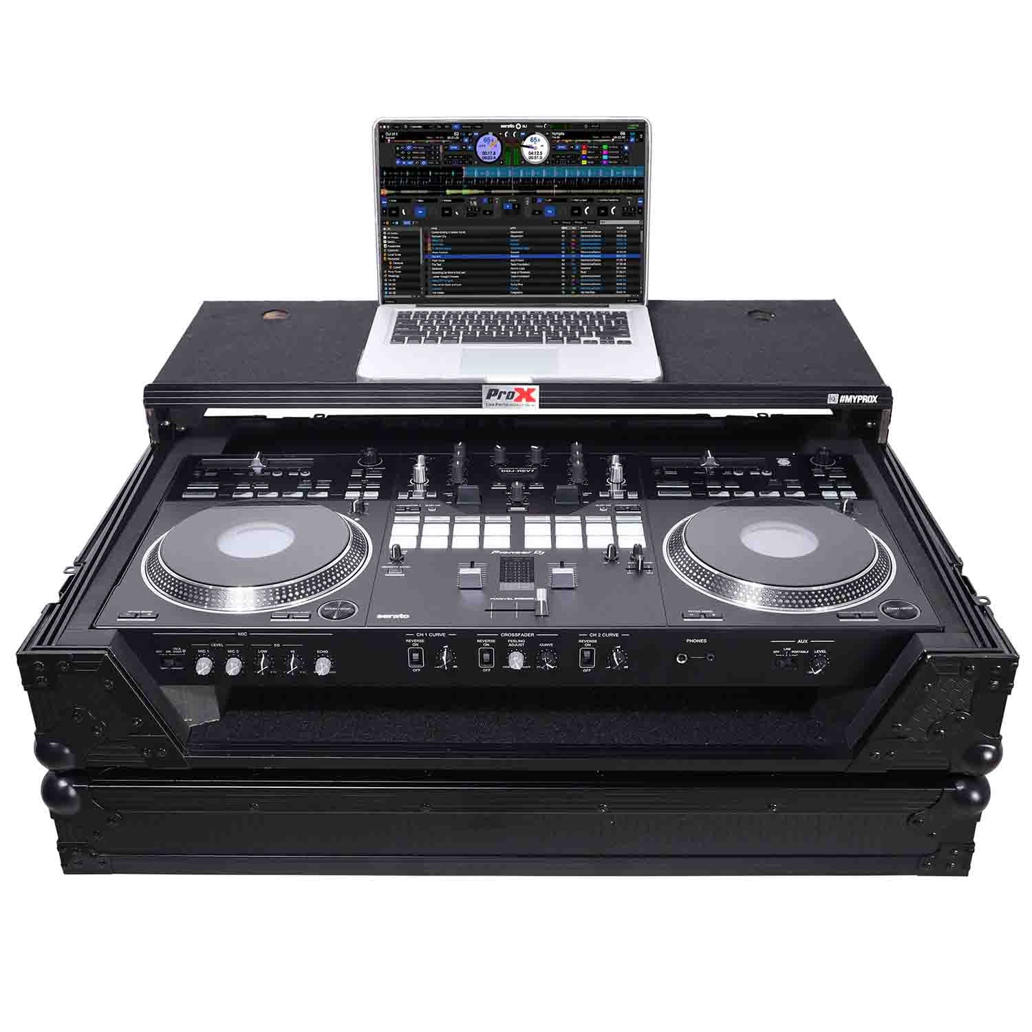 ProX XS-DDJREV7WLTBL DJ Flight Case for Pioneer DDJ-REV7 Digital Controller with Sliding Laptop Shelf and Wheels - Black Finish - Hollywood DJ