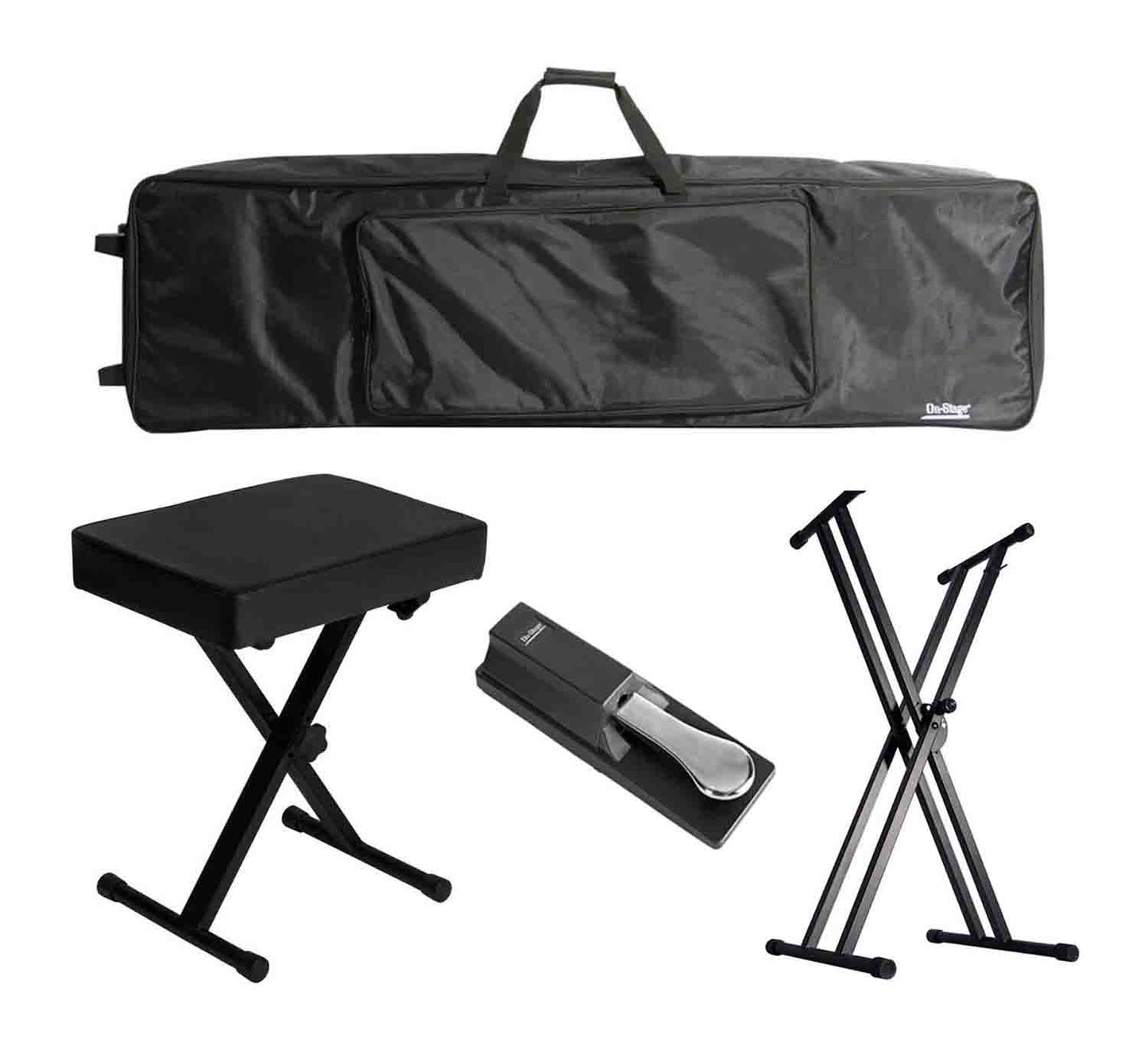 Onstage KPK2088 Double-X Keyboard Bundle with Double-X Stand, Bench, Pedal, and 88-Key Keyboard Bag - Hollywood DJ