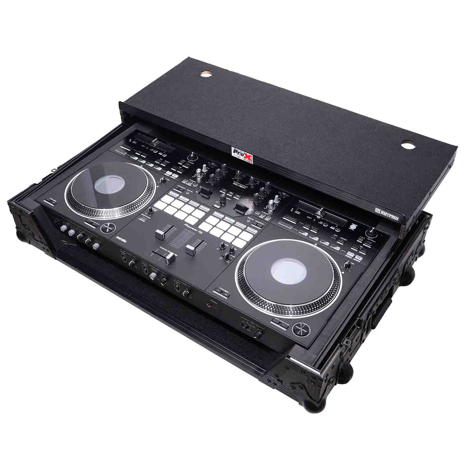 ProX XS-DDJREV7WLTBL DJ Flight Case for Pioneer DDJ-REV7 Digital Controller with Sliding Laptop Shelf and Wheels - Black Finish - Hollywood DJ