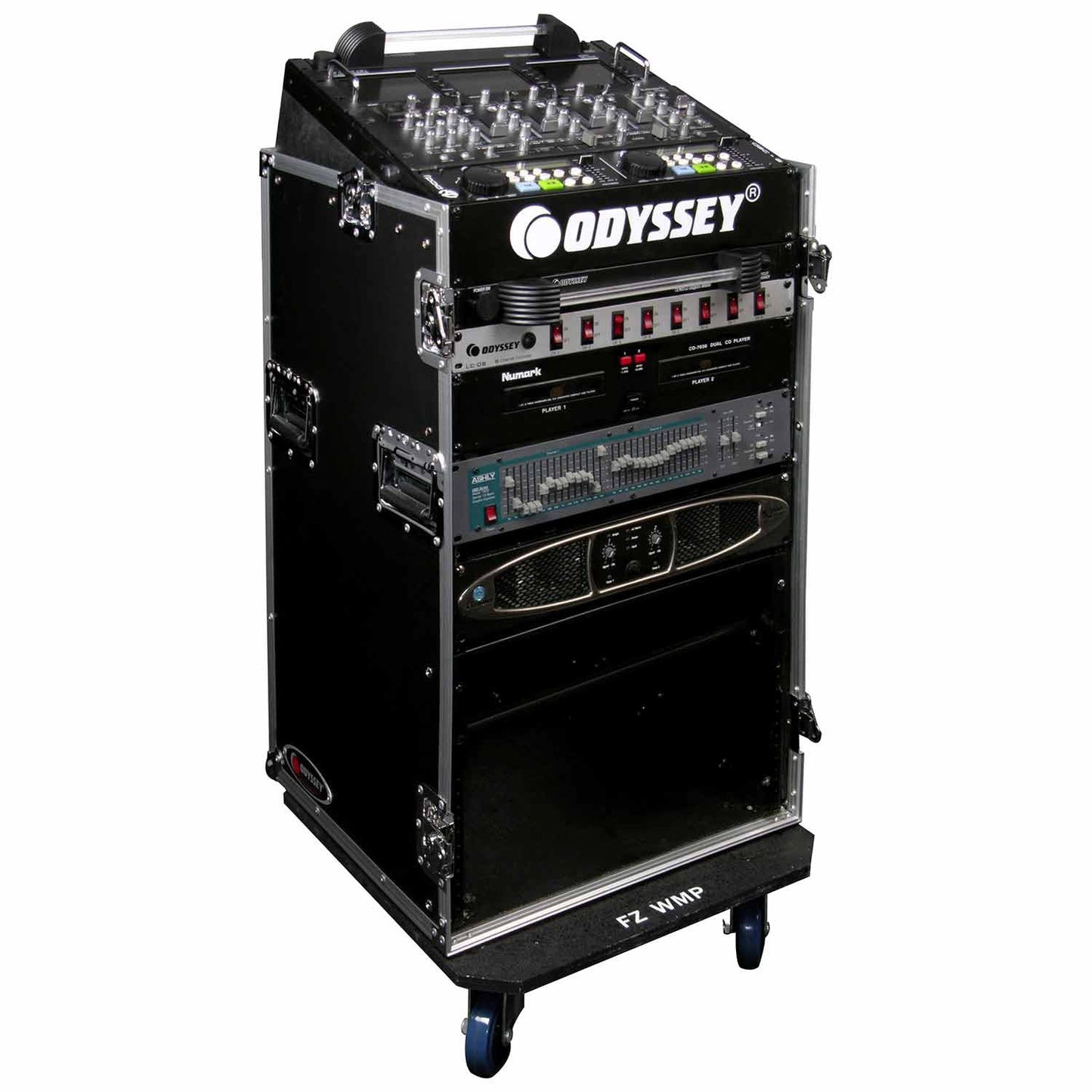 Odyssey FR1016W, Combo Rack with Wheels 10U Top Slanted 16U Bottom Vertical - Hollywood DJ