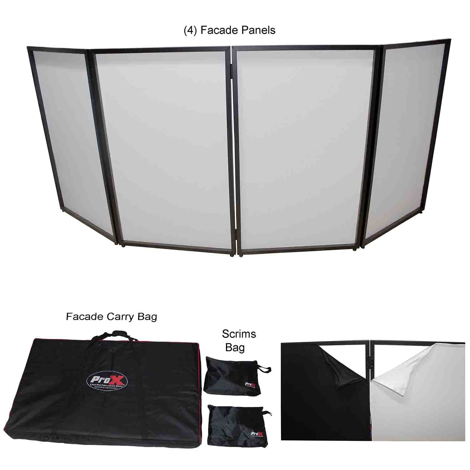 ProX XF-4X3048B MK2 Four Panel DJ Facade Black Collapse and Go Facade Panels with Carry Bag – Black/White Scrims - Hollywood DJ