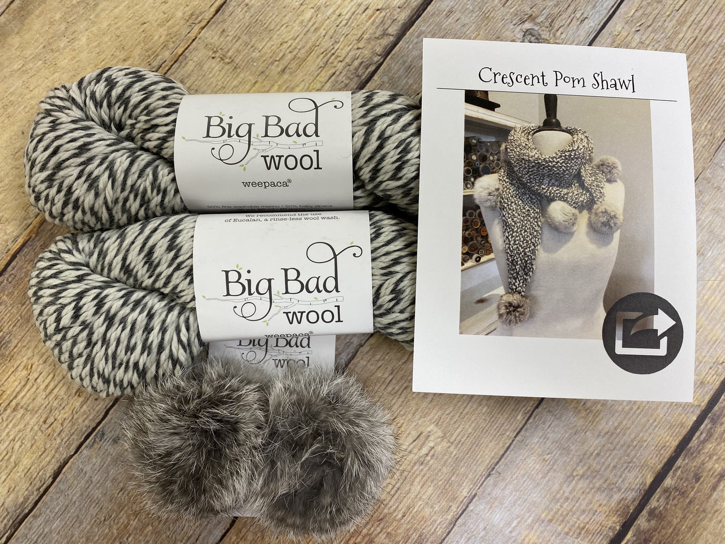 Big Bad Wool Shawl Kit With Black & White Crescent Pom