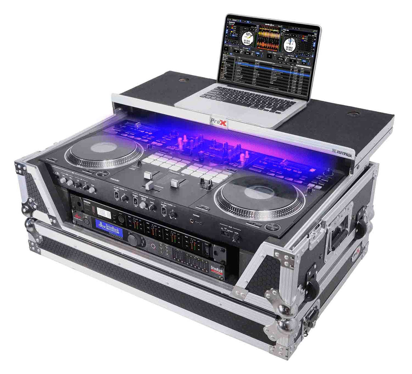 PROX XS-REV71K2U WLT LED ATA Style Flight Case for Pioneer DDJ-REV7 DJ Controller with 2U Rack Space Laptop Shelf Wheels LED - Hollywood DJ