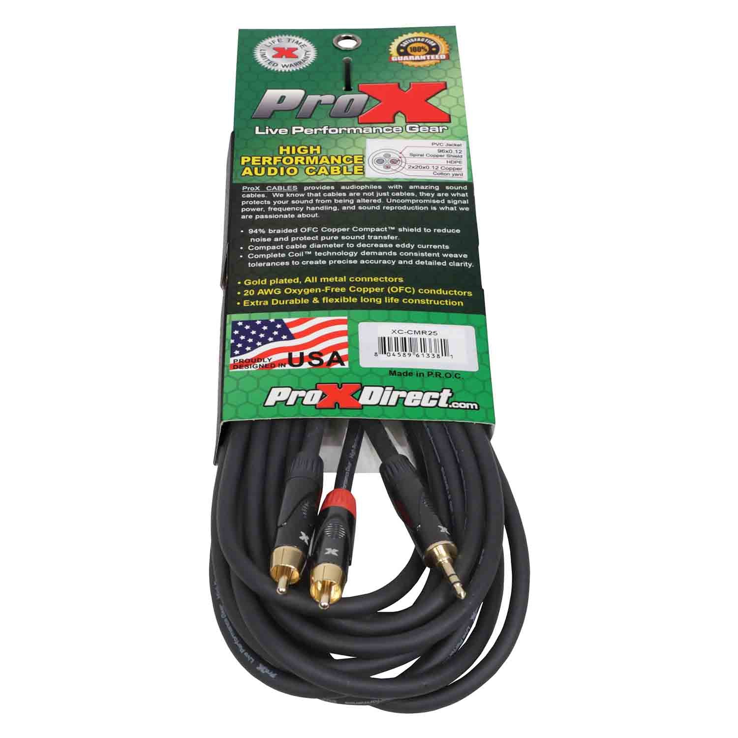 ProX XC-CMR25 Unbalanced 1/8" (3.5mm) Mini TRS-M to Dual RCA-M High Performance Audio Cable - 25 Feet - Hollywood DJ