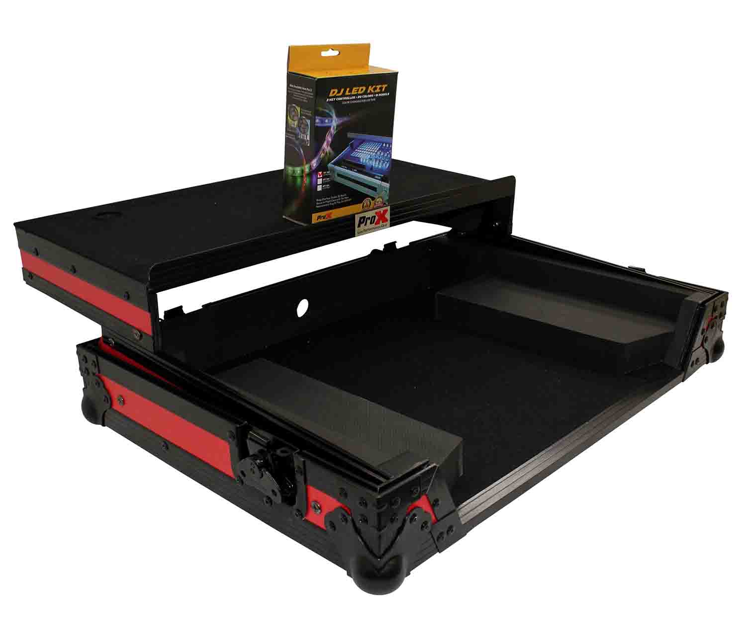 ProX XS-G4VLTRB LED Flight Case for Gemini G4V DJ Controller with Sliding Laptop Shelf and LED Kit - Black on Red - Hollywood DJ