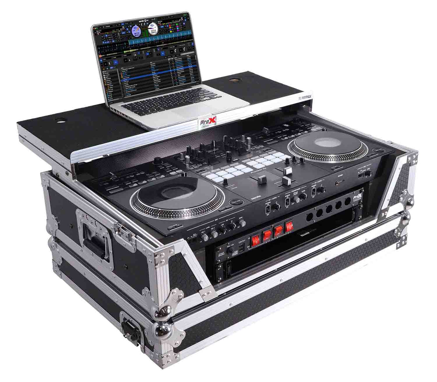 PROX XS-REV71K2U WLT LED ATA Style Flight Case for Pioneer DDJ-REV7 DJ Controller with 2U Rack Space Laptop Shelf Wheels LED - Hollywood DJ