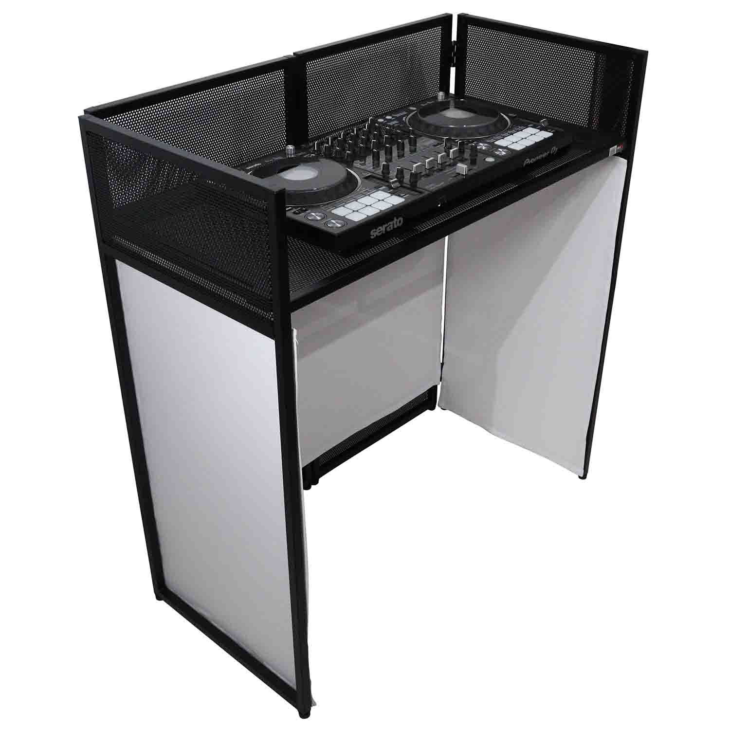 ProX XF-VISTA BL VISTA DJ Booth Facade Table Station with White/Black Scrim kit and Padded Travel Bag - Hollywood DJ