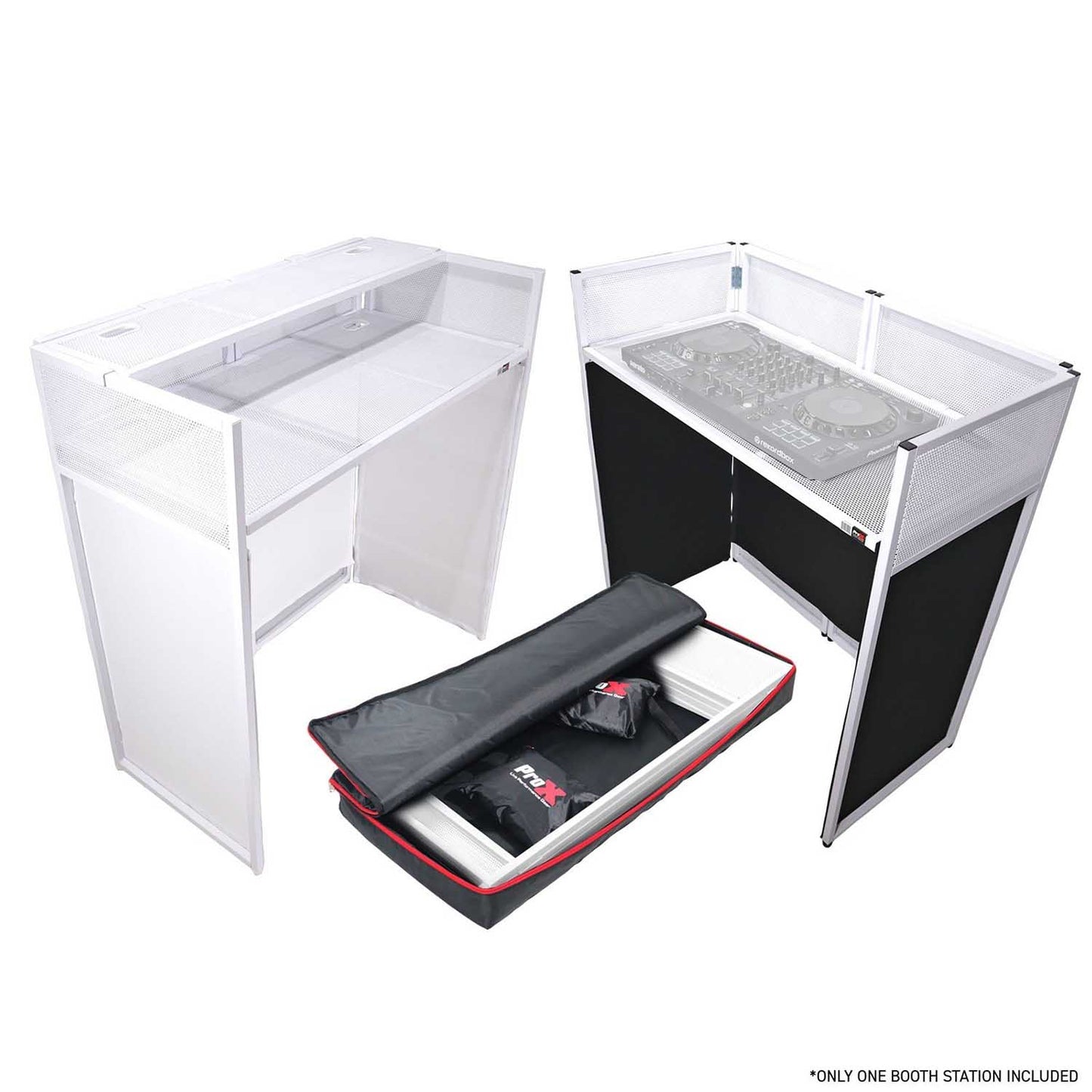 ProX XF-VISTA WH VISTA White DJ Booth Facade Table Station with White/Black Scrim Kit and Padded Travel Bag - Hollywood DJ
