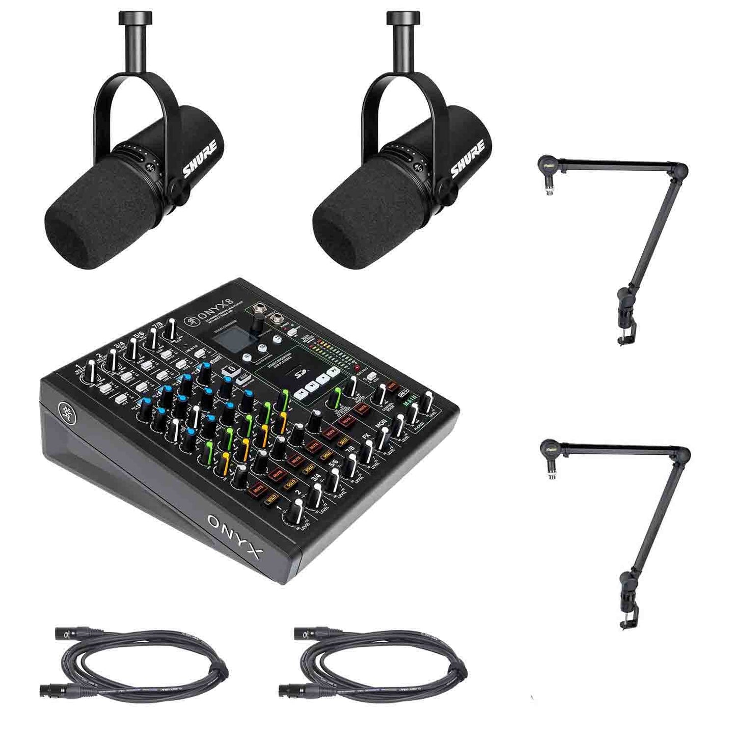 Podcast Dual MV7-K Pro Bundle with Mackie Onyx8 USB Recording Mixer and Sierra Desktop Boom Stand - Hollywood DJ
