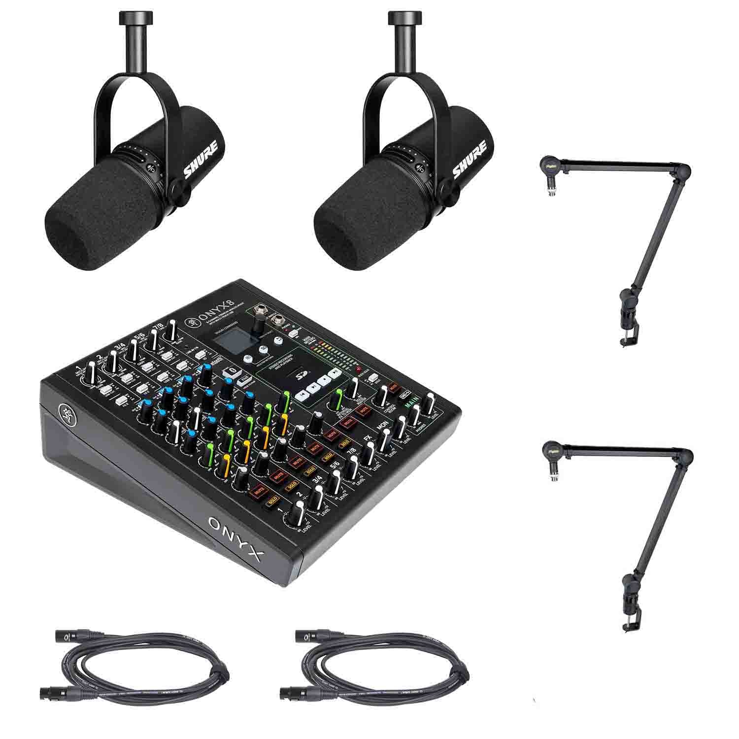 Podcast Dual MV7-K Pro Bundle with Mackie Onyx8 USB Recording Mixer and Sierra Desktop Boom Stand - Hollywood DJ