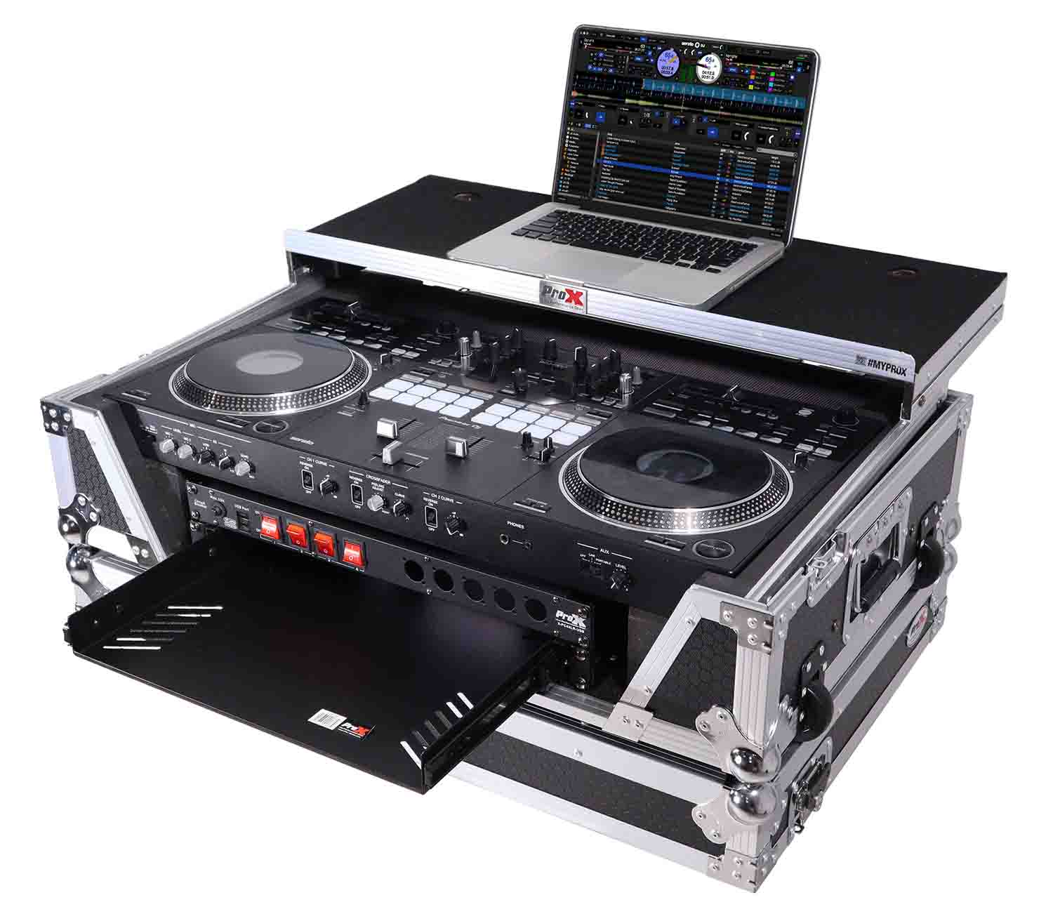 PROX XS-REV71K2U WLT LED ATA Style Flight Case for Pioneer DDJ-REV7 DJ Controller with 2U Rack Space Laptop Shelf Wheels LED - Hollywood DJ