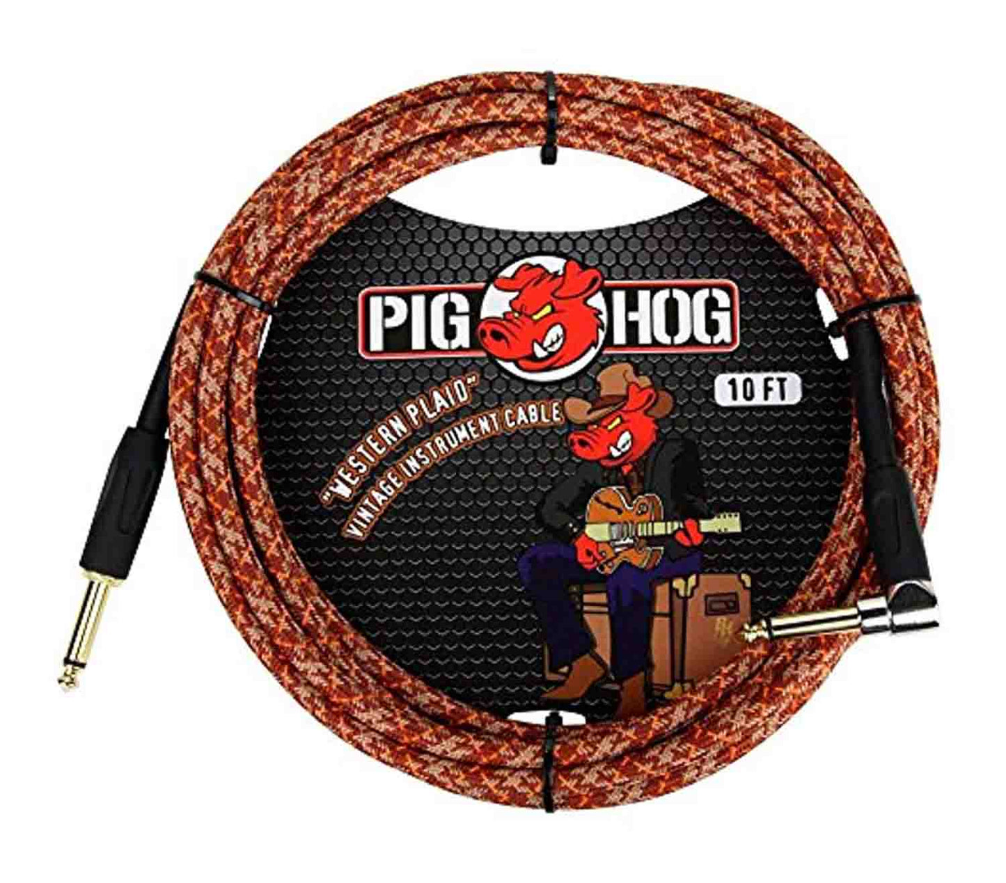 Pig Hog PCH10CPR, 1/4" TS Right-Angle to Straight Instrument Cable (10 Ft, Western Plaid) - Hollywood DJ