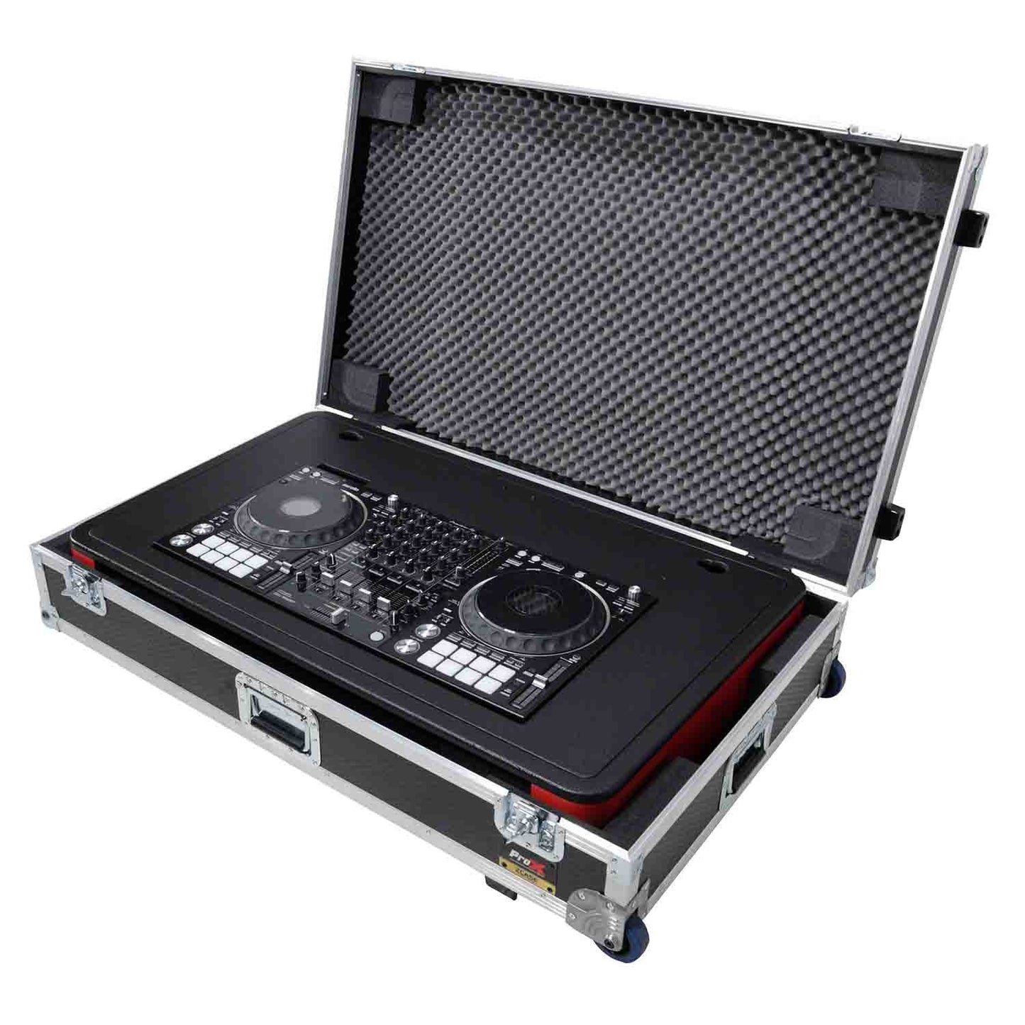 ProX XZF-DJCT RB CASE Control Tower DJ Booth with Laptop Arm and Road Cases for Pioneer XDJ-XZ, DDJ-1000 SRT, RANE ONE, and SX3 - Red Black Finish - Hollywood DJ